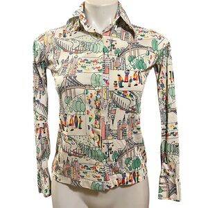 I.Magnin Pandora Vintage Multicolor City Print Women’s long sleeve Shirt
